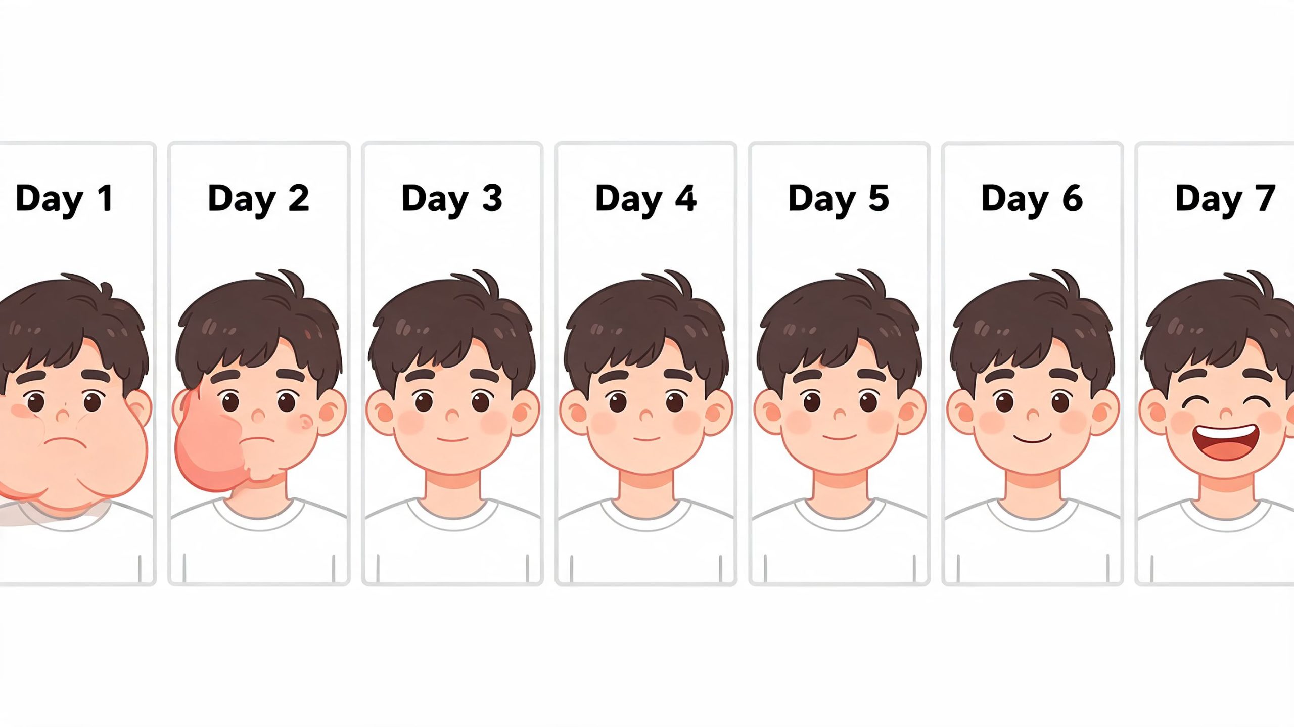 A seven-day recovery timeline illustration showing a boy healing from swelling after wisdom teeth extraction surgery.