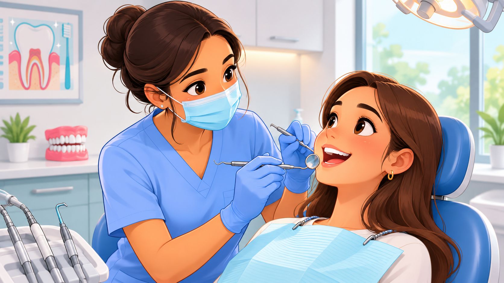 A friendly female dentist in a blue uniform examining a patient's teeth in a modern clinical office.